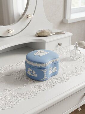 Wedgwood Blue Jasperware Kidney-Shaped Trinket Box with White Motif